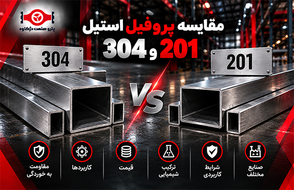 مقایسه فنی پروفیل استیل 304 و 201 با نمایش مقاطع مربع و مستطیل استیل